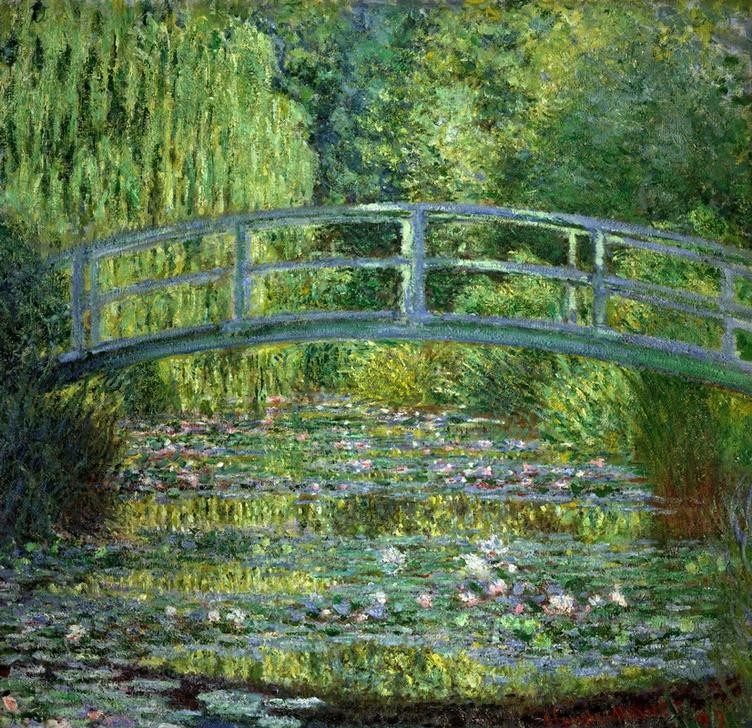 Claude Monet, Le Bassin aux nymphéas, harmonie verte (Botanik,Brücke,Garten Und Park,Gewässer,Landschaft,Wasser,Wasserpflanze,Impressionismus,See,Baum,Seerose,Holzbrücke,Französische Kunst,Harmonie,Blume,Jahrhundertwende,Gartenteich,Wasserlilie,Garten)