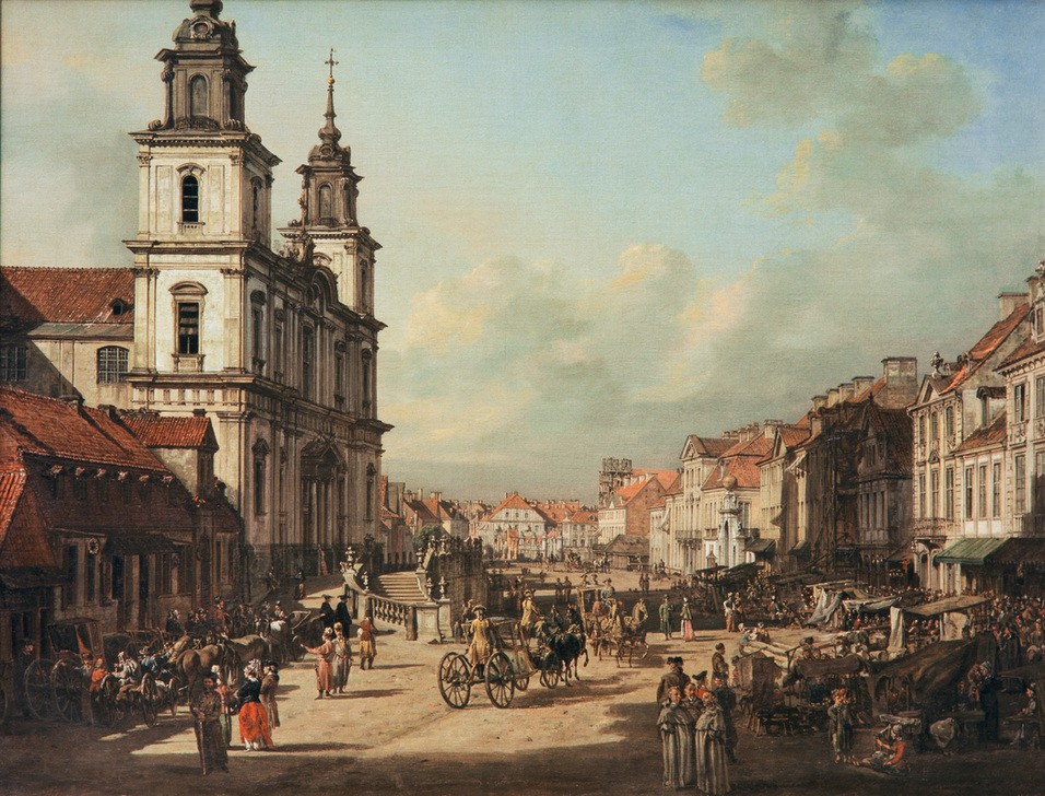Bernardo Bellotto, Warschau, Heilig-Kreuz-Kirche (Städte, Polen, Straße, Architektur, Häuser, Kirche, Alltagsszene, Kutschen, Menschen, Vedute, historisch, Rokoko, Malerei, Wohnzimmer, Wunschgröße, Klassiker, bunt)