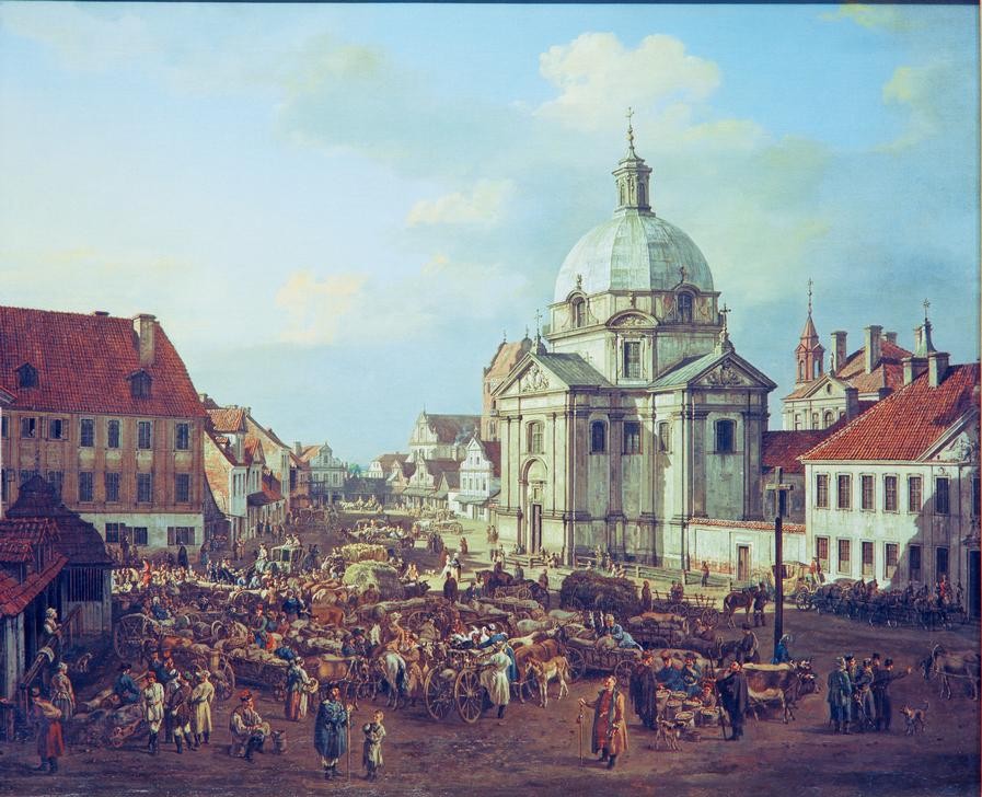 Bernardo Bellotto, Warschau, Sakramentinerinnenkirche (Städte, Polen, Straße, Architektur, Häuser, Kirche, markt, Markttreiben, Vrkauf, Handel, Viehmarkt, Alltagsszene, Menschen,  Vedute, historisch, Rokoko, Malerei, Wohnzimmer, Wunschgröße, Klassiker, bunt)
