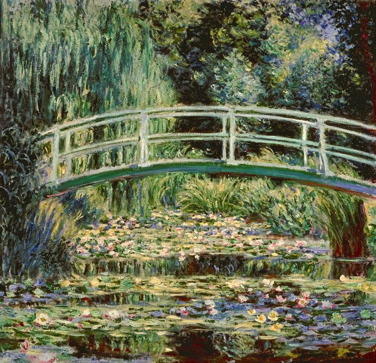 Claude Monet, Le Bassin aux Nymphéas (Botanik,Brücke,Garten Und Park,Gewässer,Landschaft,Park,Wasserpflanze,Impressionismus,See,Seerose,Holzbrücke,Französische Kunst,Harmonie,Jahrhundertwende,Gartenteich)