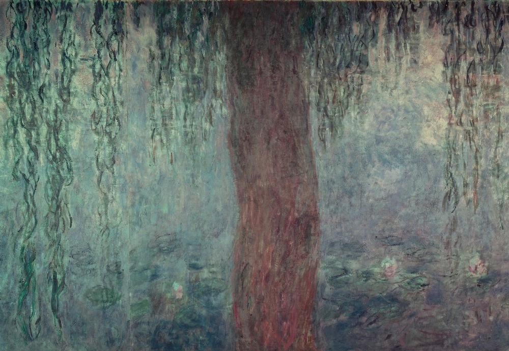 Claude Monet, Le Bassin aux nymphéas avec saules, Le Matin aus saules (Botanik,Landschaft,Wasser,Wasserpflanze,Weide,Tageszeiten,Morgen,Impressionismus,See,Baum,Seerose,Französische Kunst,Harmonie,Dämmerung,Blume,Blatt,Gartenteich,Weiden,Pflanze,Weide (Baum),Wasserlilie,Garten)