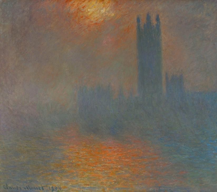 Claude Monet, Londres, Le Parlement, Trouée de Soleil dans le Brouillard (Architektur,Geographie,Houses Of Parliament,Meteorologie,Parlament,Wasser,Wetter,Sonne,Tageszeiten,Morgen,Impressionismus,Grossstadt,Fluss,Nebel,Stadtansicht,Architekturdarstellung,Französische Kunst,Licht,Sonnenschein,Jahrhundertwende,Topographie,Vier El)