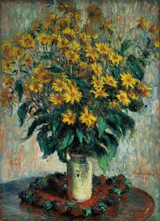 Claude Monet, Fleurs de topinambour (Botanik,Chrysanthemum,Impressionismus,Stillleben,Blumenstrauss,Vase,Französische Kunst,Blume)