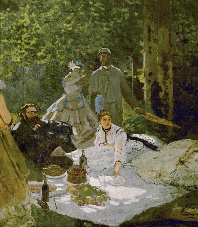 Claude Monet, Déjeuner sur l’herbe. Partie centrale (Ausflug,Damenmode,Essen Und Trinken,Frau,Herrenmode,Landschaft,Mann,Mode,Picknick,Freizeit,Tafelsitten,Teilansicht,Urlaub,Tageszeiten,Wald,Morgen,Impressionismus,Frühstück,Mittagessen,Tischtuch,Fragment,Bürgertum,Kavalier (Person),Französische Kunst,Im Fr)