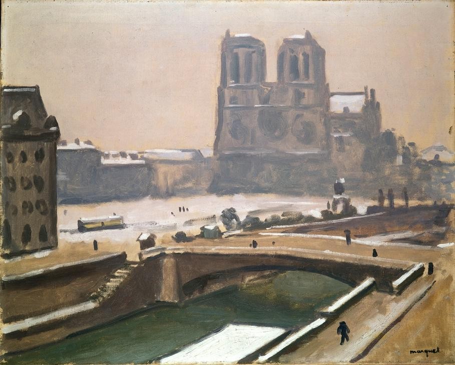 Albert Marquet, Notre-Dame im Schnee (Architektur,Brücke,Christentum,Geographie,Jahreszeiten,Kirche,Kunst,Religion,Stadt,Winter,Impressionismus,Schnee,Gotik,Fluss,Fauves,Vedute,Stadtansicht,Architekturdarstellung,Französische Kunst,Ansicht,Uferstrasse,Aussenansicht,Jahrhundertwende,Topographi)