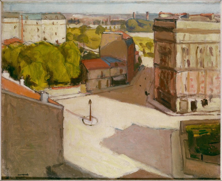 Albert Marquet, Kleiner Platz mit Straßenlaterne (Strassenlaterne,Wohnhaus (Allgemein),Platz,Impressionismus,Grossstadt,Schatten,Fauves,Stadtansicht,Architekturdarstellung,Französische Kunst,Jahrhundertwende,Menschenleere)