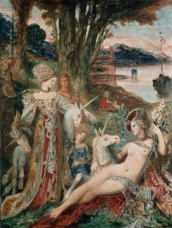 Gustave Moreau, Les Licornes (Erotik,Landschaft,Symbolismus,Fabelwesen,Einhorn,Jungfrau,Französische Kunst,Jungfräulichkeit,Symbolik)