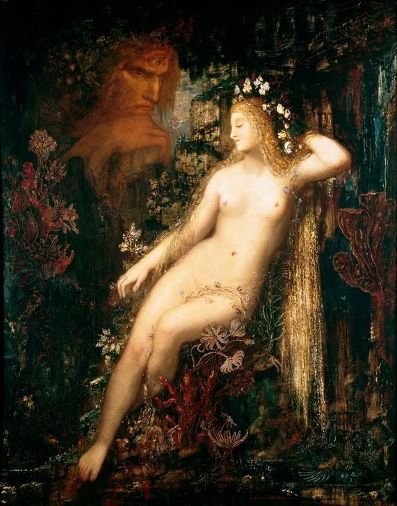 Gustave Moreau, Galatee (Frau,Gewässer,Kunst,Landschaft,Mythologie,Wald,Blumenkranz,Nymphe,Symbolismus,Akt,Riese,Französische Kunst,Kopfschmuck,Haarschmuck,Langes Haar,Blume,Sitzen,Junge Frau,Ganzfigurig,Griechisch-Römische Mythologie)