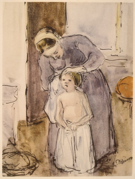 Camille Pissarro, Die Toilette (Körperpflege,Mutter Und Kind,Toilette (Körperpflege),Impressionismus,Schule Von Barbizon,Französische Kunst,Abtrocknen,Alltag)