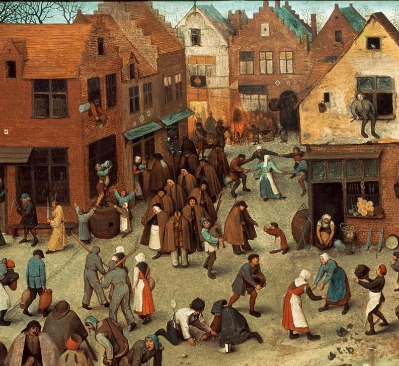 Pieter Brueghel der Ältere, Der Kampf zwischen Karneval und Fasten (Volksfest, Karneval, Brauchtum, Christentum, Fasten, Marktplatz, Narren, Religion, Straßenszene, Renaissance, Klassiker, Malerei, Wunschgröße, Wohnzimmer, bunt)