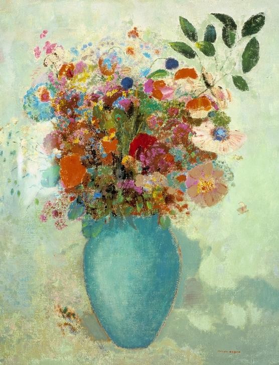 Odilon Redon, Blumen in türkisfarbener Vase (Botanik,Stillleben,Blumenstrauss,Vase,Französische Kunst,Jahrhundertwende,Türkis (Farbe))