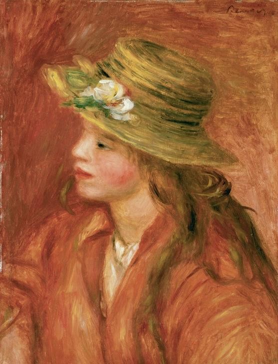 Pierre-Auguste Renoir, Fillette au chapeau de paille (Damenhut,Damenmode,Frau,Jugend (Lebensalter),Kind,Mädchen,Mensch,Mode,Impressionismus,Hut,Portrait,Strohhut,Französische Kunst,Kleidung (Allgemein),Profil,Blume,Jahrhundertwende,Junge Frau,Mütze)