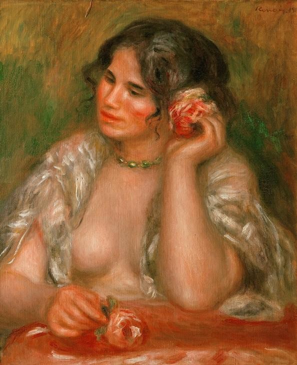 Pierre-Auguste Renoir, Gabrielle à la rose (Erotik,Frau,Maler (Künstler),Rose,Volkskunde,Schönheit,Impressionismus,Busen,Portrait,Schultertuch,Französische Kunst,Sinne,Synästhesie,Verträumt,Blume,Junge Frau,Halbfigur,Blume Im Haar,Land Und Leute,Sinnlichkeit)