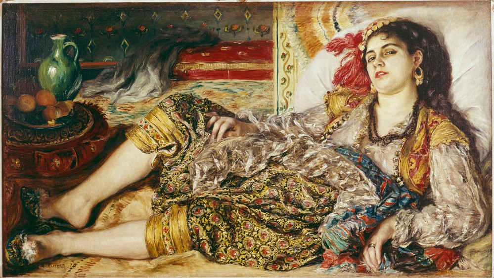 Pierre-Auguste Renoir, Une femme d’Alger (Erotik,Frau,Früchte,Prostitution,Schminke,Völkerkunde,Volkskunde,Impressionismus,Orientalismus,Geliebte,Portrait,Harem,Interieur,Französische Kunst,Odaliske,Pose,Laszivität,Schwarze Haare,Liegen,Ganzfigurig,Blick (Allgemein),Land Und Leute)