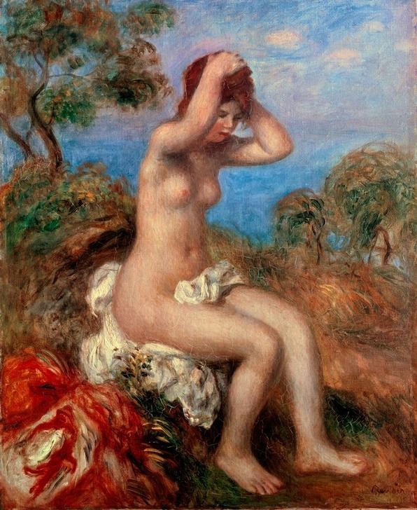 Pierre-Auguste Renoir, Badendes Mädchen (Bad Im Freien,Bad,Frau,Haarpflege,Jugend (Lebensalter),Mädchen,Textil,Impressionismus,Akt,Französische Kunst,Pubertät,Junge Frau)