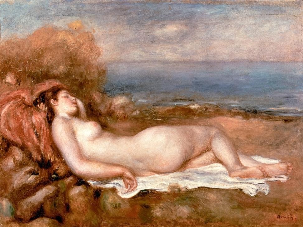 Pierre-Auguste Renoir, Baigneuse couchee au bord de la mer (Bad Im Freien,Bad,Freikörperkultur,Frau,Landschaft,Maler (Künstler),Strand,Meer,Impressionismus,Akt,Französische Kunst,Junge Frau,Liegen,Naturverbundenheit,Schlafen (Schlaf))