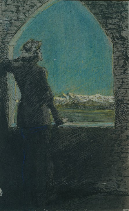 Max Beckmann, Bekränzter junger Mann, aus einem alten Gemäuer in die Ferne blickend (Kunst,Mensch und Gesellschaft)