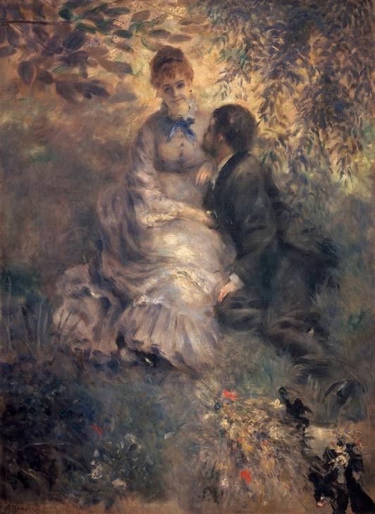 Pierre-Auguste Renoir, Die Verliebten (Botanik,Damenmode,Flirt,Frau,Jahreszeiten,Künstlerleben,Künstler,Liebe,Liebespaar,Maler (Künstler),Mann,Freizeit,Schauspielerin,Sommer,Wald,Impressionismus,Frühling,Verehrung,Wiese,Liebesgarten,Liebeserklärung,Französische Kunst,Verehrer,Lächeln,Paar,Schl)