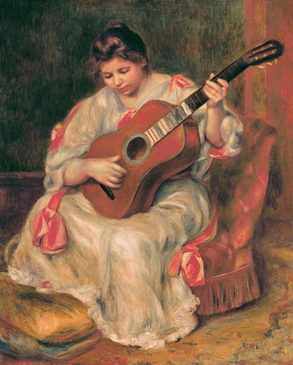 Pierre-Auguste Renoir, Joueuse de guitare (Damenmode,Frau,Gitarre,Mode,Musik,Saiteninstrument,Impressionismus,Instrument,Hand,Portrait,Bürgertum,Französische Kunst,Kleid,Harmonie,Musikerin,Kleidung (Allgemein),Sessel,Schleife,Sitzen,Fusskissen,Junge Frau,Ganzfigurig,Konzentration,Gitarristin,Zupfi)