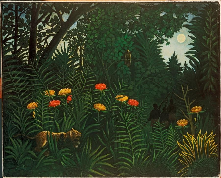 Henri Rousseau, Exotische Landschaft mit Tiger und Jägern (Dchungel, Urwald, Bäume, Sträucher, Jäger, Tiger, Raubtierjagd, Vollmond,  naive Malerei, Wunschgröße, Wohnzimmer, Treppenhaus, Malerei, klassische Moderne, bunt)