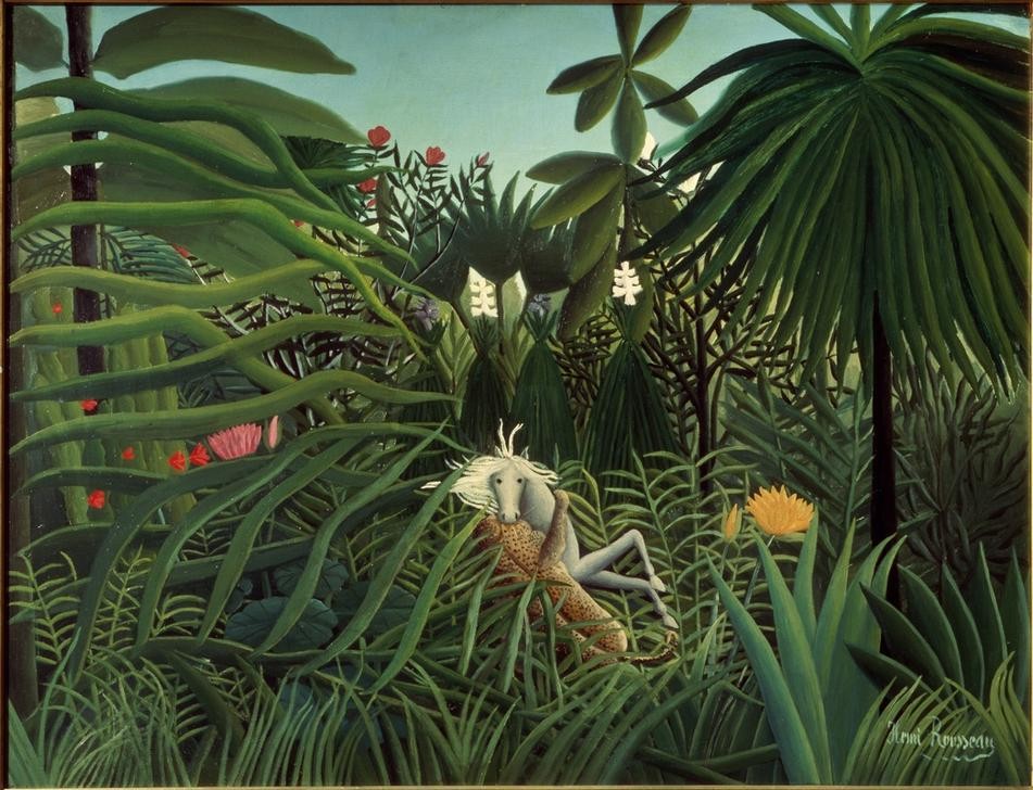 Henri Rousseau, Cheval attaqué par un jaguar (Dschungel, Bäume, Jaguar, Raubkatze, Pferd, Jagd, Kampf, Beute, magischer Realismus, Wunschgröße, Wohnzimmer, Treppenhaus, Malerei, klassische Moderne, bunt)