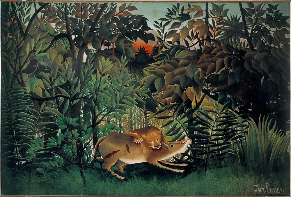 Henri Rousseau, Le Lion, ayant faim, se jette sur l’Antilope (Botanik,Landschaft,Löwe (Tier),Urwald,Zoologie,Wunde,Naive Malerei,Phantastische Kunst,Französische Kunst,Gefressenwerden,Kampf,Exotik,Raubtier,Bisswunde,Jahrhundertwende,Fressen)