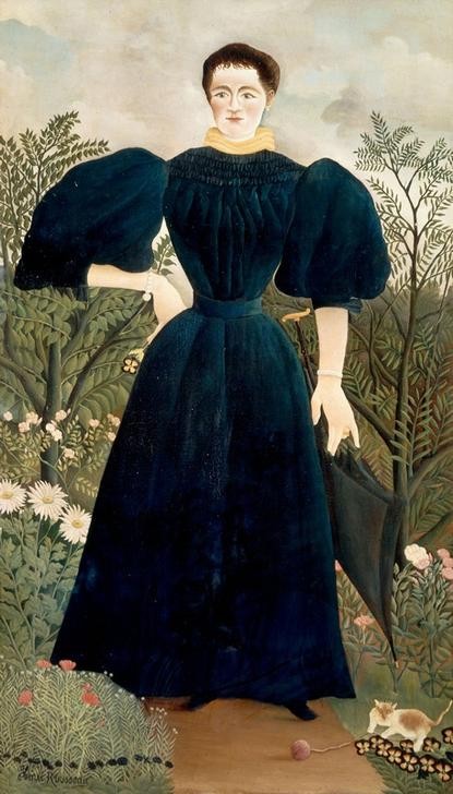 Henri Rousseau, Portrait de femme (Damenmode, Frau, Katze, Wollknäuel, Garten, Portrait, Künstlerfrau, Taille, Ganzfigurig, Blumenbeet, Schirm, naive Malerei, Wunschgröße, Wohnzimmer, Treppenhaus, Malerei, klassische Moderne, bunt)