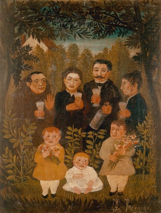 Henri Rousseau, Vereinigte Familie (Familie, Gruppenbild, Erwachsene, Kinder, Umtrunk, Familienfeier, naive Malerei, Wunschgröße, Wohnzimmer, Treppenhaus, Malerei, klassische Moderne, bunt)