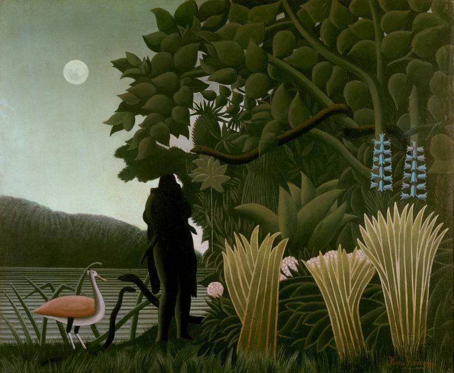 Henri Rousseau, Schlangenbeschwörerin (Dschungel, Bäume, Flötenspieler, Schlange, Schlangenbeschwörer, mystisch, Naive Malerei, magischer Realismus, Wunschgröße, Wohnzimmer, Treppenhaus, klassische Moderne, Malerei, bunt)