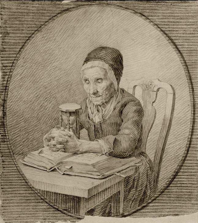 Caspar David Friedrich, Alte Frau mit Sanduhr und Bibel (Buch,Christentum,Deutsche Kunst,Frau,Kopfbedeckung,Kunst,Mensch,Religion,Alter,Bibel,Portrait,Lesen (Allgemein),Vanitas,Haube,Stundenglas,Frömmigkeit,Stiefmutter,Leserin,Sitzen,Händefalten,Alte Frau,Halbfigur,Oval)