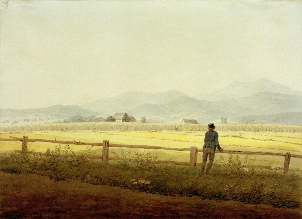 Caspar David Friedrich, Gebirgslandschaft mit Figur (Schmiedeberger Kamm) (Deutsche Kunst,Gebirge,Getreideanbau,Kunst,Landschaft,Mann,Feld,Wanderer,Romantik)