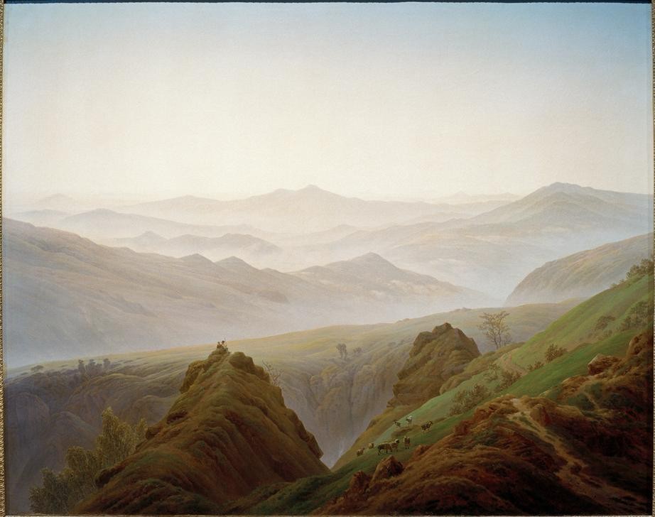 Caspar David Friedrich, Der Morgen im Gebirge (Deutsche Kunst,Gebirge,Kunst,Landschaft,Tageszeiten,Morgen,Hirte,Ziege,Schaf,Paar,Harmonie,Romantik,Hirtin,Viehzucht,Aussicht)