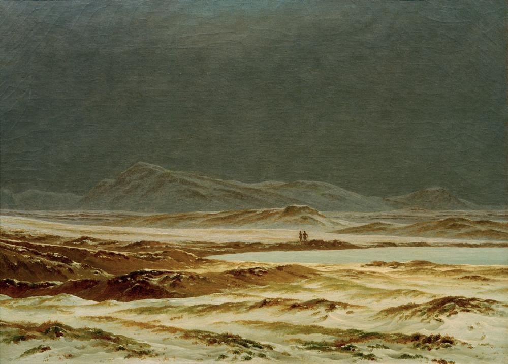 Caspar David Friedrich, Nördliche Landschaft, Frühling (Deutsche Kunst,Gebirge,Jahreszeiten,Kunst,Landschaft,Mensch,Winter,Schnee,See,Frühling,Ebene,Wanderer,Romantik)