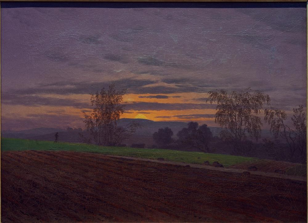 Caspar David Friedrich, Sturzacker (Deutsche Kunst,Gebirge,Himmel (Natur),Kunst,Landschaft,Mensch,Sonnenuntergang,Sonne,Tageszeiten,Abend,Acker,Feld,Wanderer,Dämmerung,Romantik,Mittelgebirge,Landwirtschaft,Abendrot)