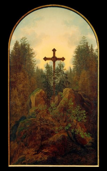 Caspar David Friedrich, Kreuz im Gebirge (Der Ilsenstein, Dornenkrone) (Christentum,Deutsche Kunst,Gebirge,Kreuz,Kunst,Landschaft,Religion,Wald,Nadelwald,Felsen,Pantheismus,Dornenkrone,Romantik,Symbolik)