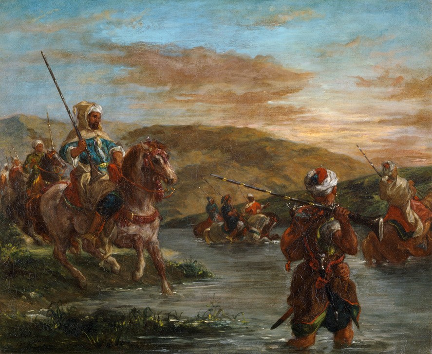 Eugene Delacroix, Passage d'un gué au Maroc (Gewehr,Kunst,Landschaft,Mann,Militär,Pferd (Tier),Tracht,Völkerkunde,Waffe,Reiter,Orientalismus,Flussüberquerung,Französische Kunst,Furt,Kleidung (Allgemein),Tier,Reiten,Romantik,Krieger,Araber (Völkerkunde),Land Und Leute,Islamische Länder,Islamische Wel)