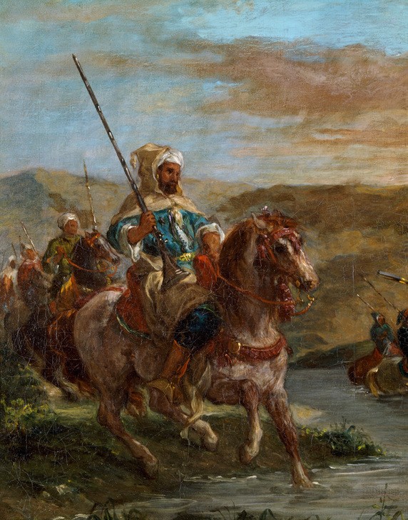 Eugene Delacroix, Passage d'un gué au Maroc (Gewehr,Kunst,Landschaft,Mann,Militär,Pferd (Tier),Tracht,Völkerkunde,Waffe,Reiter,Orientalismus,Flussüberquerung,Französische Kunst,Furt,Kleidung (Allgemein),Tier,Reiten,Romantik,Krieger,Araber (Völkerkunde),Land Und Leute,Islamische Länder,Ausschnitt,Isl)