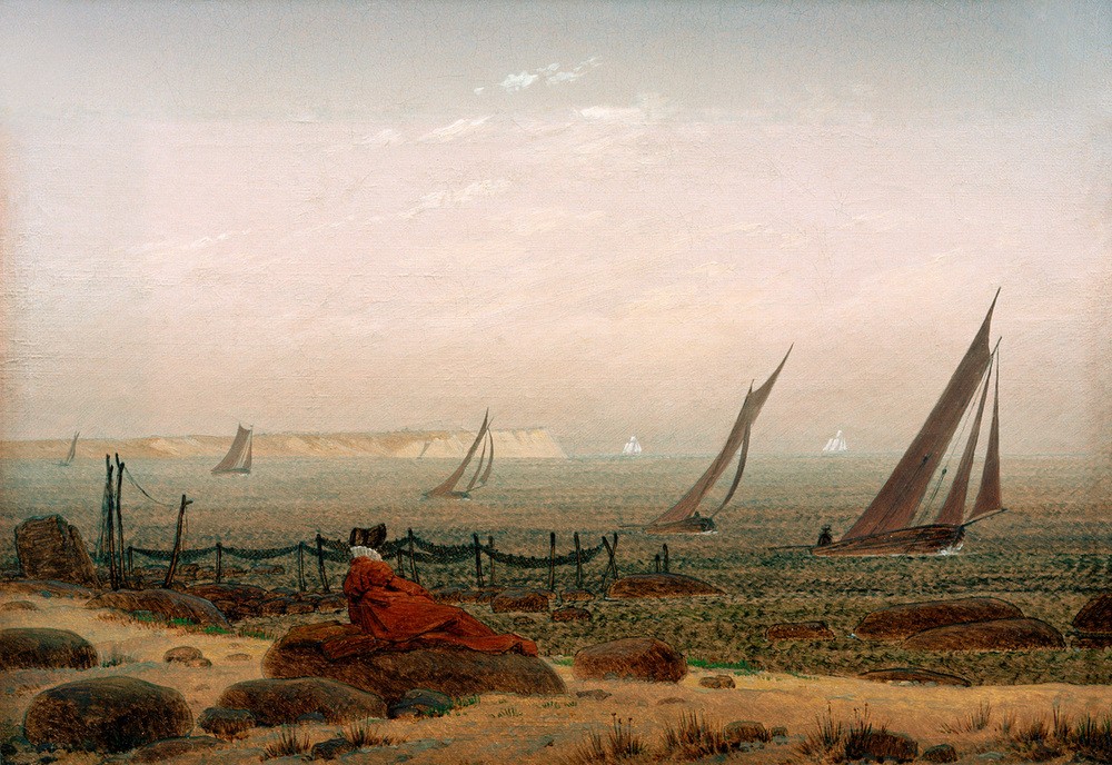 Caspar David Friedrich, Frau am Meer (Boot,Deutsche Kunst,Frau,Küste,Kunst,Landschaft,Mensch,Schiff,Segeln,Strand,Meer,Segelboot,Kreide,Betrachten,Steilküste,Romantik,Schifffahrt)