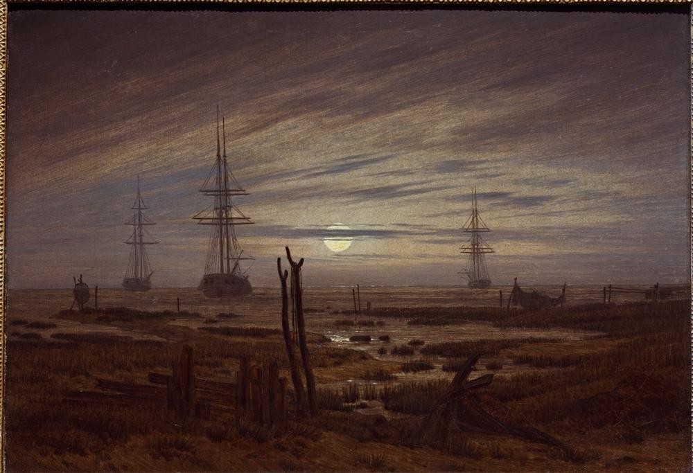 Caspar David Friedrich, Schiffe auf der Reede (Deutsche Kunst,Himmel (Natur),Küste,Kunst,Landschaft,Licht Und Beleuchtung,Mond,Reede,Schiff,Segelschiff,Wolke,Tageszeiten,Abend,Nacht,Meer,Marinemalerei,Licht,Vollmond,Romantik,Mondschein,Privatsammlung,Mondaufgang,Dunkelheit,Schifffahrt)