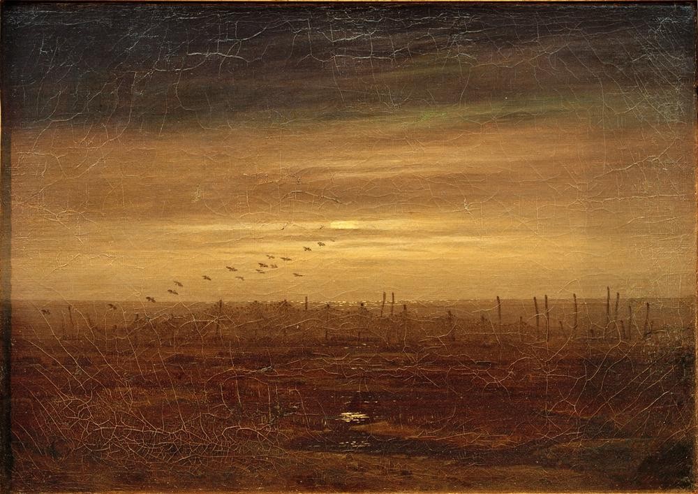 Caspar David Friedrich, Die Netze (Deutsche Kunst,Fischerei,Küste,Kunst,Landschaft,Sonnenuntergang,Strand,Tageszeiten,Abend,Meer,Netz,Dämmerung,Reuse,Romantik,Abendrot)