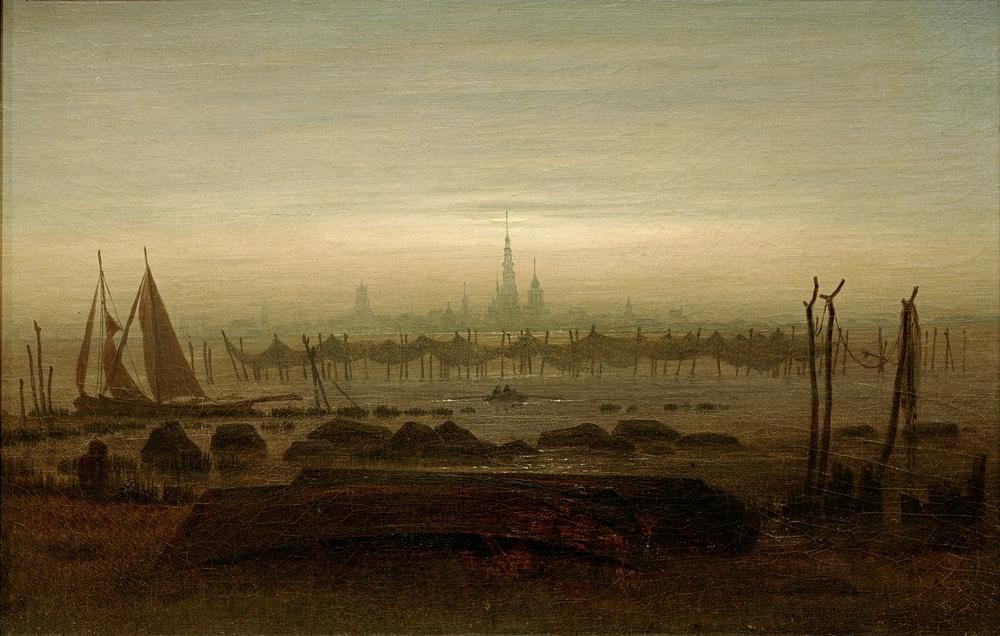 Caspar David Friedrich, Greifswald im Mondschein (Boot,Deutsche Kunst,Fischerei,Geographie,Küste,Kunst,Landschaft,Licht Und Beleuchtung,Stadt,Fischerboot,Tageszeiten,Nacht,Meer,Segelboot,Vedute,Stadtansicht,Licht,Netz,Ansicht,Romantik,Mondschein,Topographie,Dunkelheit)