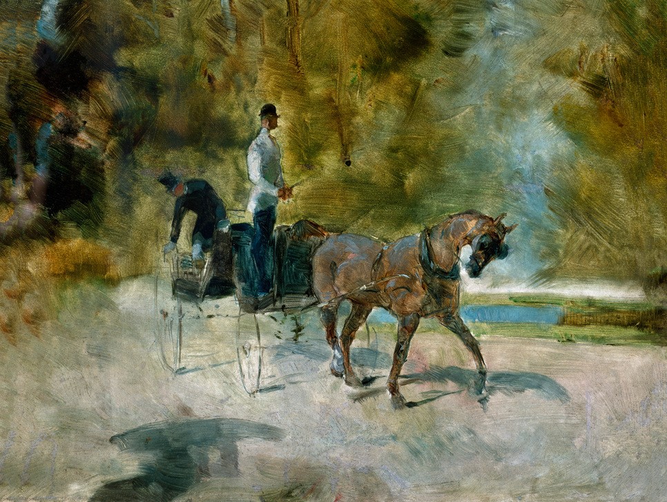 Henri de Toulouse-Lautrec, Un dogcart (Kutsche,Pferd (Tier),Pferdewagen,Impressionismus,Kutscher,Französische Kunst,Ausritt,Pferdegespann)