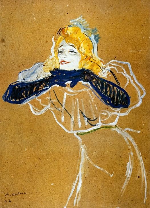 Henri de Toulouse-Lautrec, Yvette Guilbert singt Linger Longer Loo (Frau,Gesang,Handschuh,Jugendstil,Kabarett,Variete (Entertainment),Portrait,Französische Kunst,Jahrhundertwende,Person,Conferenciere)