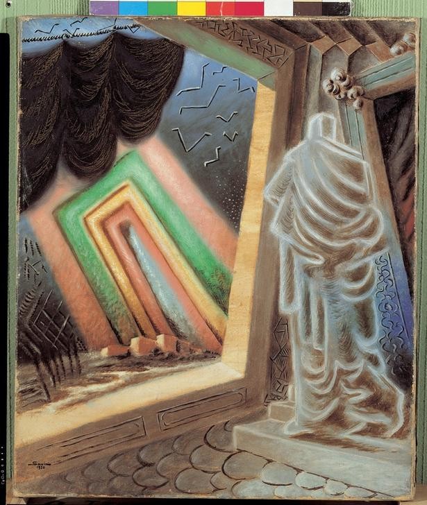 Alberto Savinio, La notte di Re Salomone (König Salomon, Altes Testament, Religion, Gespenst, Traum, Vorhang, Bühne, Surrealismus, Pittura metafisica, Klassische Moderne, Wunschgröße, Wohnzimmer)