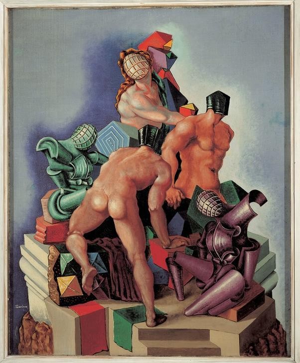 Alberto Savinio, Gladiatori (Gladiatoren, Kämpfer, Männer, Menschen, muskulös, Muskeln, Rüstungen, geometrische Formen, Surrealismus, Pittura metafisica, Klassische Moderne, Wunschgröße, Wohnzimmer)