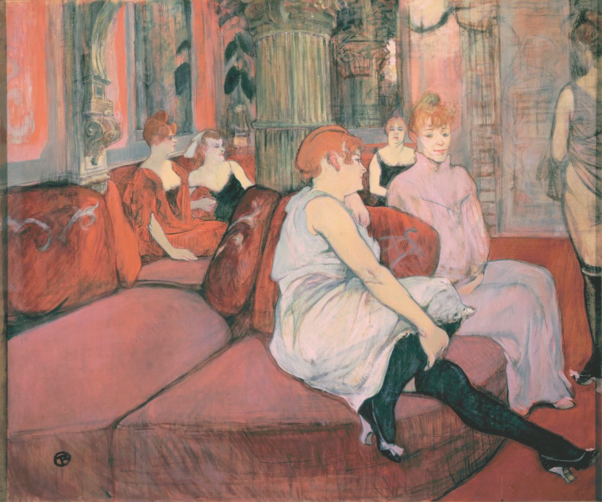 Henri de Toulouse-Lautrec, Au Salon de la rue des Moulins (Frau,Jugendstil,Prostitution,Salon,Prostituierte,Langeweile,Interieur,Sofa,Französische Kunst,Warten,Rote Haare,Fin De Siecle,Frauenleben,Bordell,Jahrhundertwende,Divan,Liege)
