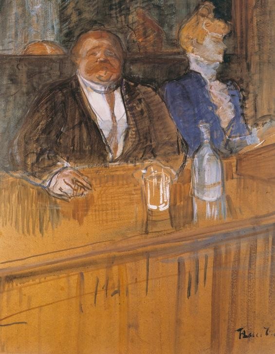 Henri de Toulouse-Lautrec, Au Café: Le consommateur et la caissière chlorotique (Bar,Frau,Gastronomie,Mann,Nachtleben,Ungleiches Paar,Französische Kunst,Paar,Fin De Siecle,Gast,Jahrhundertwende,Kommunikationslosigkeit,Kassiererin,Theke (Lokal))