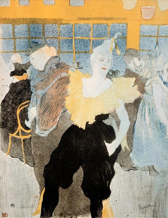 Henri de Toulouse-Lautrec, La Clownesse au Moulin Rouge (Fahrendes Volk,Frau Und Beruf,Frau,Gastronomie,Gesellschaft,Jugendstil,Kabarett Und Variete,Kabarett,Künstlerleben,Kunst,Nachtleben,Narr,Variete (Entertainment),Revue (Musiktheater),Kostüm (Verkleidung),Nachtlokal,Portrait,Damenhose,Clown,Französische Kun)