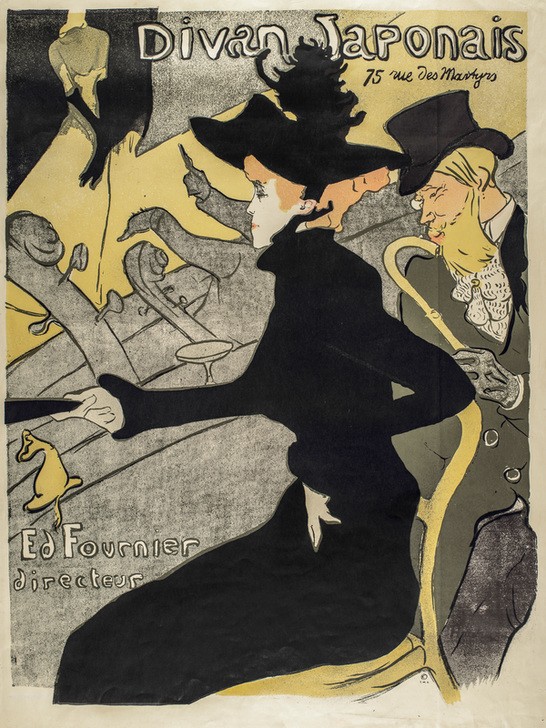Henri de Toulouse-Lautrec, Divan Japonais (Damenmode,Herrenmode,Jugendstil,Mode,Musik,Nachtleben,Orchester,Theater,Variete (Entertainment),Zylinder (Hut),Hut,Plakat,Revue (Musiktheater),Französische Kunst,Paar,Eleganz,Fin De Siecle,Jahrhundertwende)