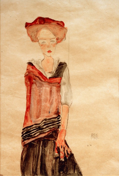 Egon Schiele, Stehendes Mädchen (Frau,Mädchen,Mensch,Portrait,Expressionismus,Österreichische Kunst,Junge Frau,Kniestück)